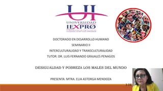 UNIVERSIDAD IEXPRO
DOCTORADO EN DESARROLLO HUMANO
SEMINARIO II
INTERCULTURALIDAD Y TRANSCULTURALIDAD
TUTOR: DR. LUIS FERNANDO GRAJALES PENAGOS
DESIGUALDAD Y POBREZA LOS MALES DEL MUNDO
PRESENTA: MTRA. ELIA ASTORGA MENDOZA
3 DE FEBRERO DEL 2021
 