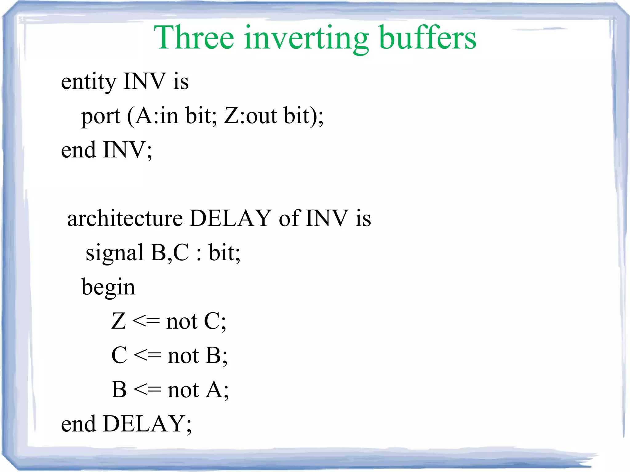 Three inverting buffers
entity INV is
port (A:in bit; Z:out bit);
end INV;
architecture DELAY of INV is
signal B,C : bit;
begin
Z <= not C;
C <= not B;
B <= not A;
end DELAY;
 