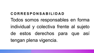 C O R R E S P O N S A B I L I D A D
Todos somos responsables en forma
individual y colectiva frente al sujeto
de estos derechos para que así
tengan plena vigencia.
 