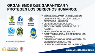 ORGANISMOS QUE GARANTIZAN Y
PROTEGEN LOS DERECHOS HUMANOS:
 CONSEJERÍA PARA LA PROMOCIÓN,
DEFENSA Y PROTECCIÓN DE LOS
DERECHOS HUMANOS.
 DEFENSORÍA DEL PUEBLO.
 PROCURADURÍA GENERAL DE LA
NACIÓN.
 PERSONERÍAS MUNICIPALES.
 COMITÉS MUNICIPALES DE DERECHOS
HUMANOS
 ORGANISMOS NO GUBERNAMENTALES
DE DERECHOS HUMANOS
 LA FISCALÍA GENERAL DE LA NACIÓN
Fuente: https://goo.gl/cbBVTb
 