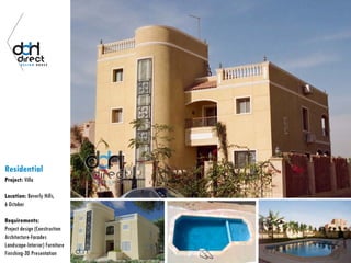 Residential
Project: Villa
Location: Beverly Hills,
6 October
Requirements:
Project design (Construction
Architecture-Facades
Landscape-Interior) Furniture
Finishing-3D Presentation
 