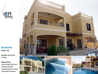 Residential
Project: Villa
Location: Beverly Hills,
6 October
Requirements:
Project design (Construction-
Architecture-Facades-
Landscape-Interior) Furniture-
Finishing-3D Presentation
 