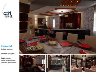 Residential
Project: Apartment
Location: Beverly Hills
Requirements:
Interior Design-Furniture-
Landscape-3D Presentation
 