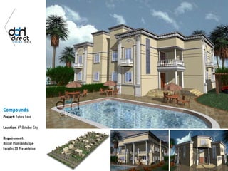 Compounds
Project: Future Land
Location: 6th October City
Requirement:
Master Plan-Landscape-
Facades-3D Presentation
 