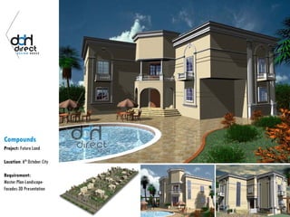 Compounds
Project: Future Land
Location: 6th October City
Requirement:
Master Plan-Landscape-
Facades-3D Presentation
 