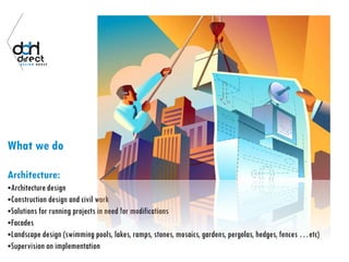 What we do
Architecture:
•Architecturedesign
•Construction design and civil work
•Solutions for running projects in need for modifications
•Facades
•Landscape design (swimming pools, lakes, ramps, stones, mosaics, gardens, pergolas, hedges, fences …etc)
•Supervision on implementation
 