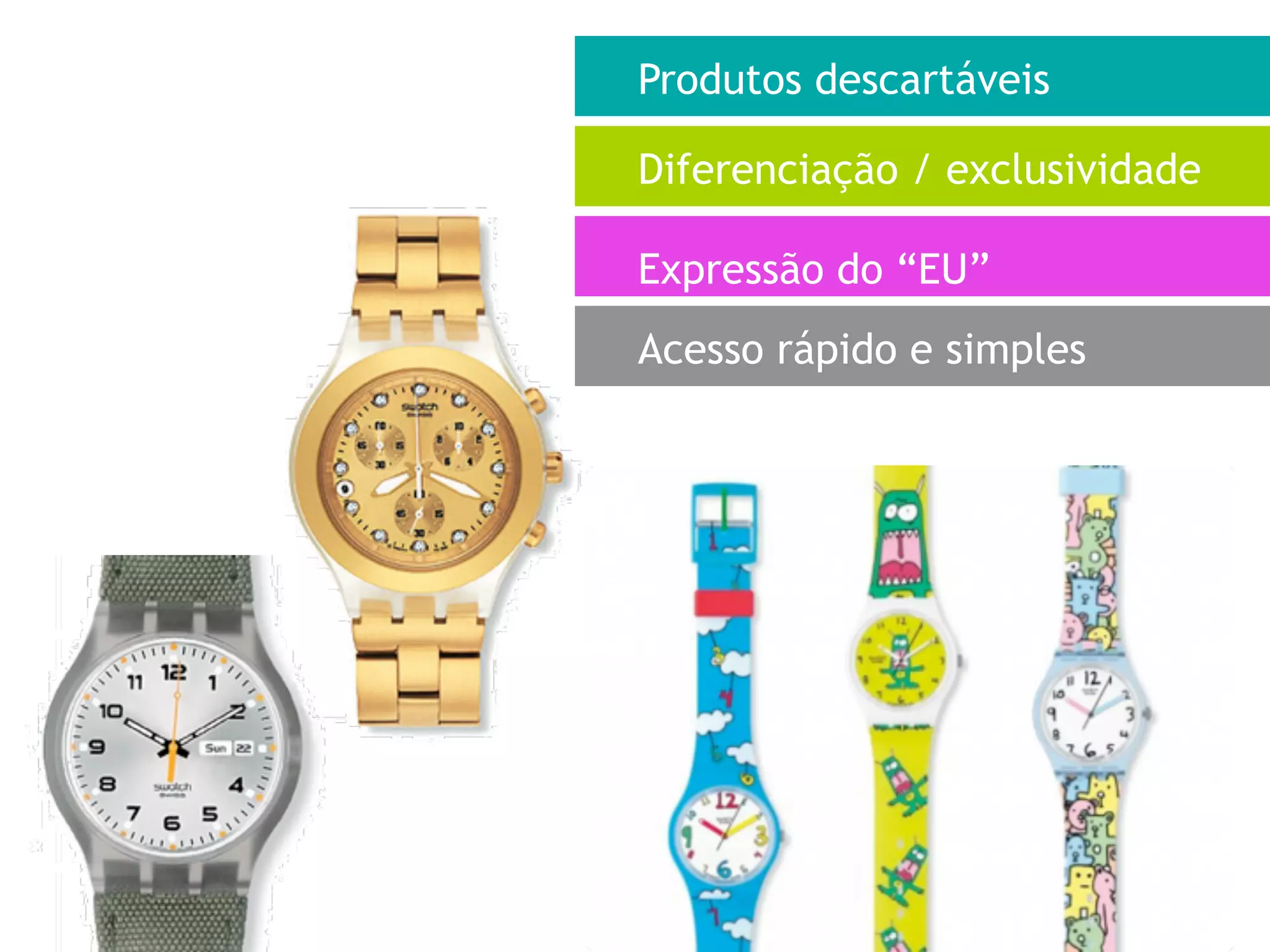 Produtos descartáveis

Diferenciação / exclusividade

Expressão do “EU”
Acesso rápido e simples
 