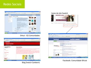 Redes Sociais

                                       home do site Swatch




            Orkut: 122 Comunidades




                                                    Facebook: Comunidade Oficial
                Blog Swatch Camboriú
 