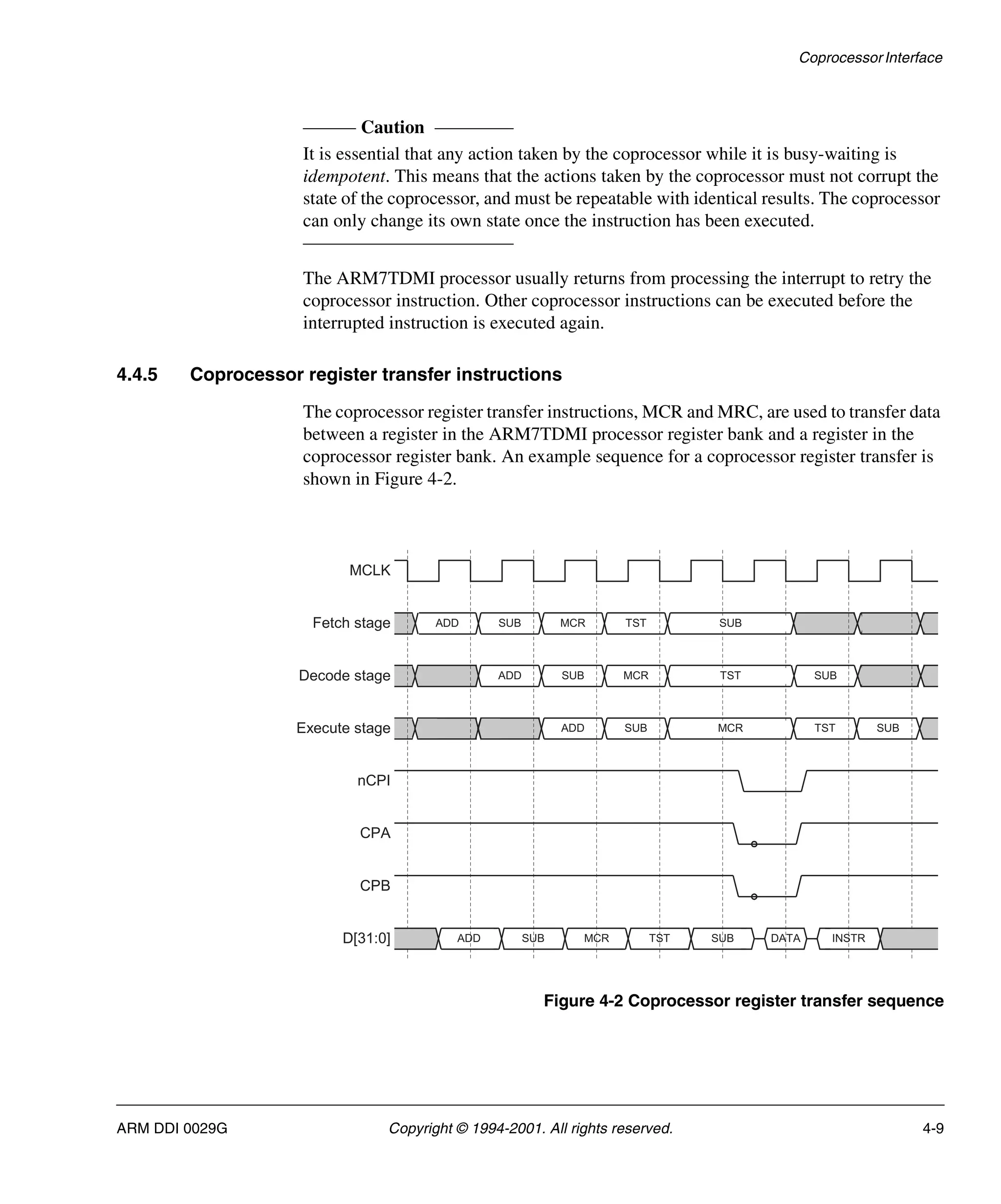 Coprocessor Interface
ARM DDI 0029G Copyright © 1994-2001. All rights reserved. 4-9
Caution
It is essential that any action taken by the coprocessor while it is busy-waiting is
idempotent. This means that the actions taken by the coprocessor must not corrupt the
state of the coprocessor, and must be repeatable with identical results. The coprocessor
can only change its own state once the instruction has been executed.
The ARM7TDMI processor usually returns from processing the interrupt to retry the
coprocessor instruction. Other coprocessor instructions can be executed before the
interrupted instruction is executed again.
4.4.5 Coprocessor register transfer instructions
The coprocessor register transfer instructions, MCR and MRC, are used to transfer data
between a register in the ARM7TDMI processor register bank and a register in the
coprocessor register bank. An example sequence for a coprocessor register transfer is
shown in Figure 4-2.
Figure 4-2 Coprocessor register transfer sequence
ADD SUB MCR TST
ADD SUB MCR SUB
ADD SUB TST SUB
MCLK
Fetch stage
Decode stage
Execute stage
nCPI
CPA
CPB
SUB
TST
MCR
ADD SUB MCR TST SUB DATA INSTR
D[31:0]
 