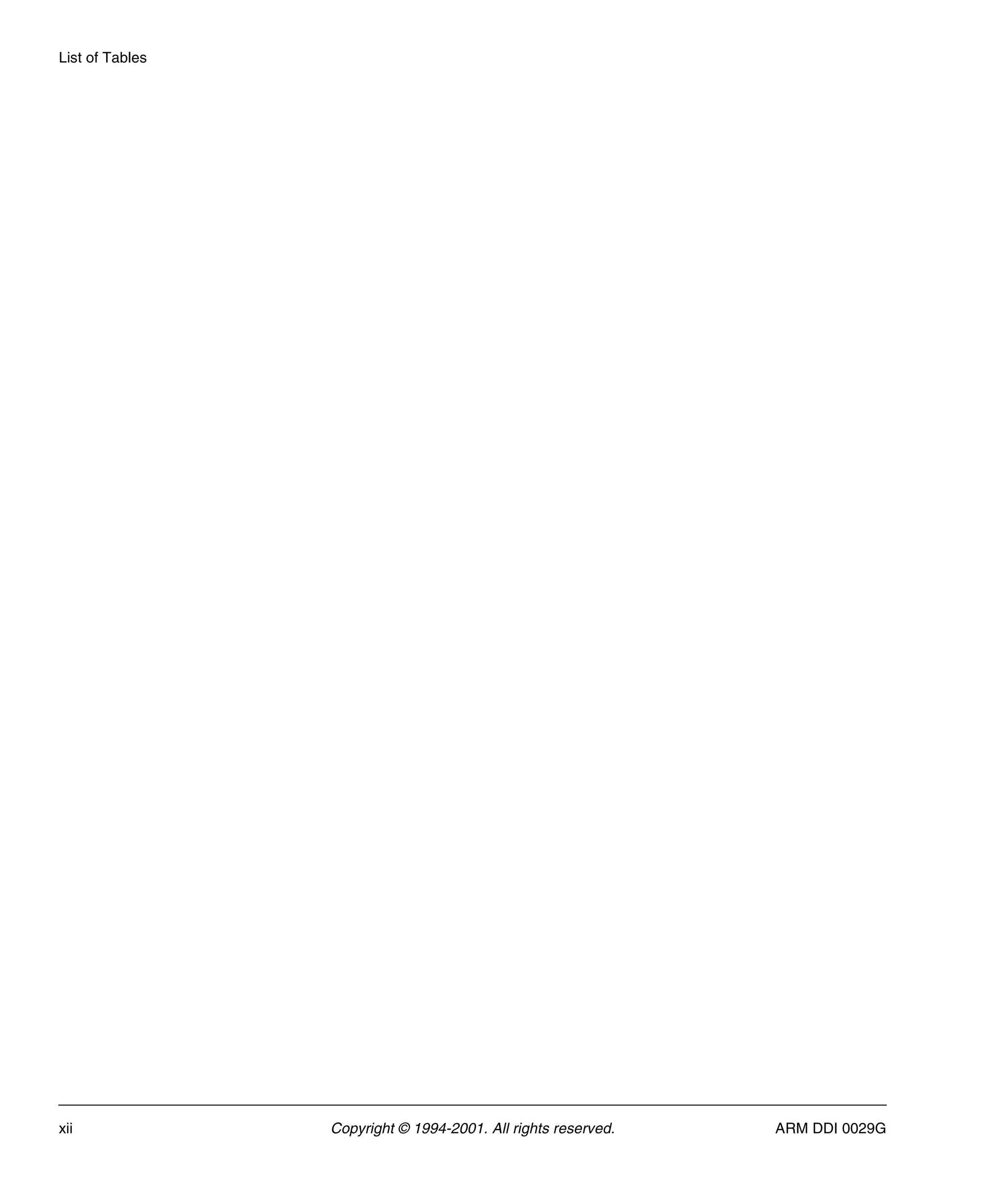 List of Tables
xii Copyright © 1994-2001. All rights reserved. ARM DDI 0029G
 