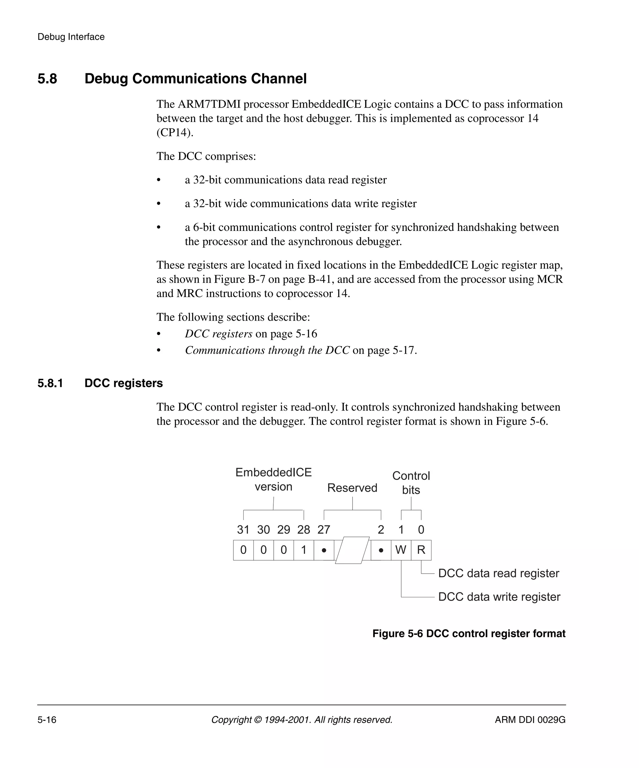 Debug Interface
5-16 Copyright © 1994-2001. All rights reserved. ARM DDI 0029G
5.8 Debug Communications Channel
The ARM7TDMI processor EmbeddedICE Logic contains a DCC to pass information
between the target and the host debugger. This is implemented as coprocessor 14
(CP14).
The DCC comprises:
• a 32-bit communications data read register
• a 32-bit wide communications data write register
• a 6-bit communications control register for synchronized handshaking between
the processor and the asynchronous debugger.
These registers are located in fixed locations in the EmbeddedICE Logic register map,
as shown in Figure B-7 on page B-41, and are accessed from the processor using MCR
and MRC instructions to coprocessor 14.
The following sections describe:
• DCC registers on page 5-16
• Communications through the DCC on page 5-17.
5.8.1 DCC registers
The DCC control register is read-only. It controls synchronized handshaking between
the processor and the debugger. The control register format is shown in Figure 5-6.
Figure 5-6 DCC control register format
31 30 29 28 27 2 1 0
Reserved
EmbeddedICE
version
Control
bits
DCC data read register
0 0 0 1 • • W R
DCC data write register
 