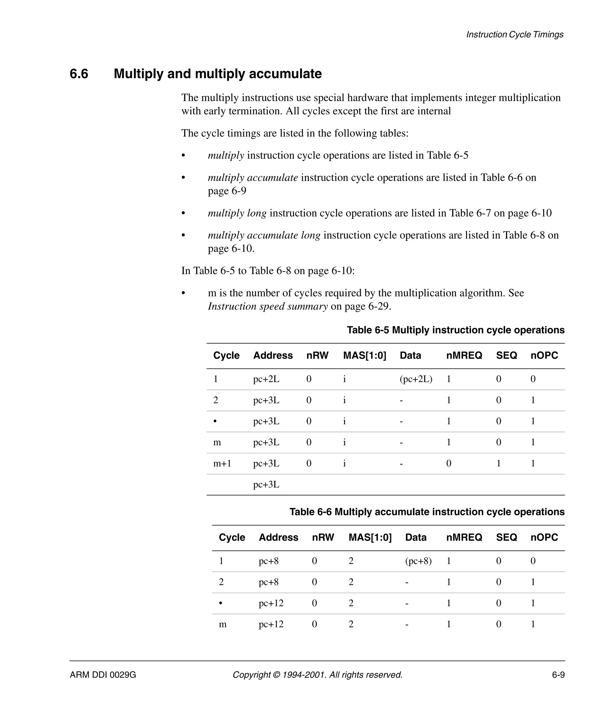 Instruction Cycle Timings
ARM DDI 0029G Copyright © 1994-2001. All rights reserved. 6-9
6.6 Multiply and multiply accumulate
The multiply instructions use special hardware that implements integer multiplication
with early termination. All cycles except the first are internal
The cycle timings are listed in the following tables:
• multiply instruction cycle operations are listed in Table 6-5
• multiply accumulate instruction cycle operations are listed in Table 6-6 on
page 6-9
• multiply long instruction cycle operations are listed in Table 6-7 on page 6-10
• multiply accumulate long instruction cycle operations are listed in Table 6-8 on
page 6-10.
In Table 6-5 to Table 6-8 on page 6-10:
• m is the number of cycles required by the multiplication algorithm. See
Instruction speed summary on page 6-29.
Table 6-5 Multiply instruction cycle operations
Cycle Address nRW MAS[1:0] Data nMREQ SEQ nOPC
1 pc+2L 0 i (pc+2L) 1 0 0
2 pc+3L 0 i - 1 0 1
• pc+3L 0 i - 1 0 1
m pc+3L 0 i - 1 0 1
m+1 pc+3L 0 i - 0 1 1
pc+3L
Table 6-6 Multiply accumulate instruction cycle operations
Cycle Address nRW MAS[1:0] Data nMREQ SEQ nOPC
1 pc+8 0 2 (pc+8) 1 0 0
2 pc+8 0 2 - 1 0 1
• pc+12 0 2 - 1 0 1
m pc+12 0 2 - 1 0 1
 