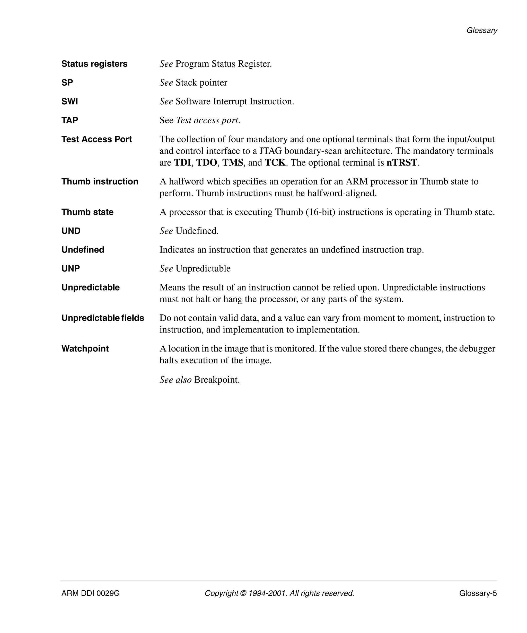 Glossary
ARM DDI 0029G Copyright © 1994-2001. All rights reserved. Glossary-5
Status registers See Program Status Register.
SP See Stack pointer
SWI See Software Interrupt Instruction.
TAP See Test access port.
Test Access Port The collection of four mandatory and one optional terminals that form the input/output
and control interface to a JTAG boundary-scan architecture. The mandatory terminals
are TDI, TDO, TMS, and TCK. The optional terminal is nTRST.
Thumb instruction A halfword which specifies an operation for an ARM processor in Thumb state to
perform. Thumb instructions must be halfword-aligned.
Thumb state A processor that is executing Thumb (16-bit) instructions is operating in Thumb state.
UND See Undefined.
Undefined Indicates an instruction that generates an undefined instruction trap.
UNP See Unpredictable
Unpredictable Means the result of an instruction cannot be relied upon. Unpredictable instructions
must not halt or hang the processor, or any parts of the system.
Unpredictable fields Do not contain valid data, and a value can vary from moment to moment, instruction to
instruction, and implementation to implementation.
Watchpoint A location in the image that is monitored. If the value stored there changes, the debugger
halts execution of the image.
See also Breakpoint.
 