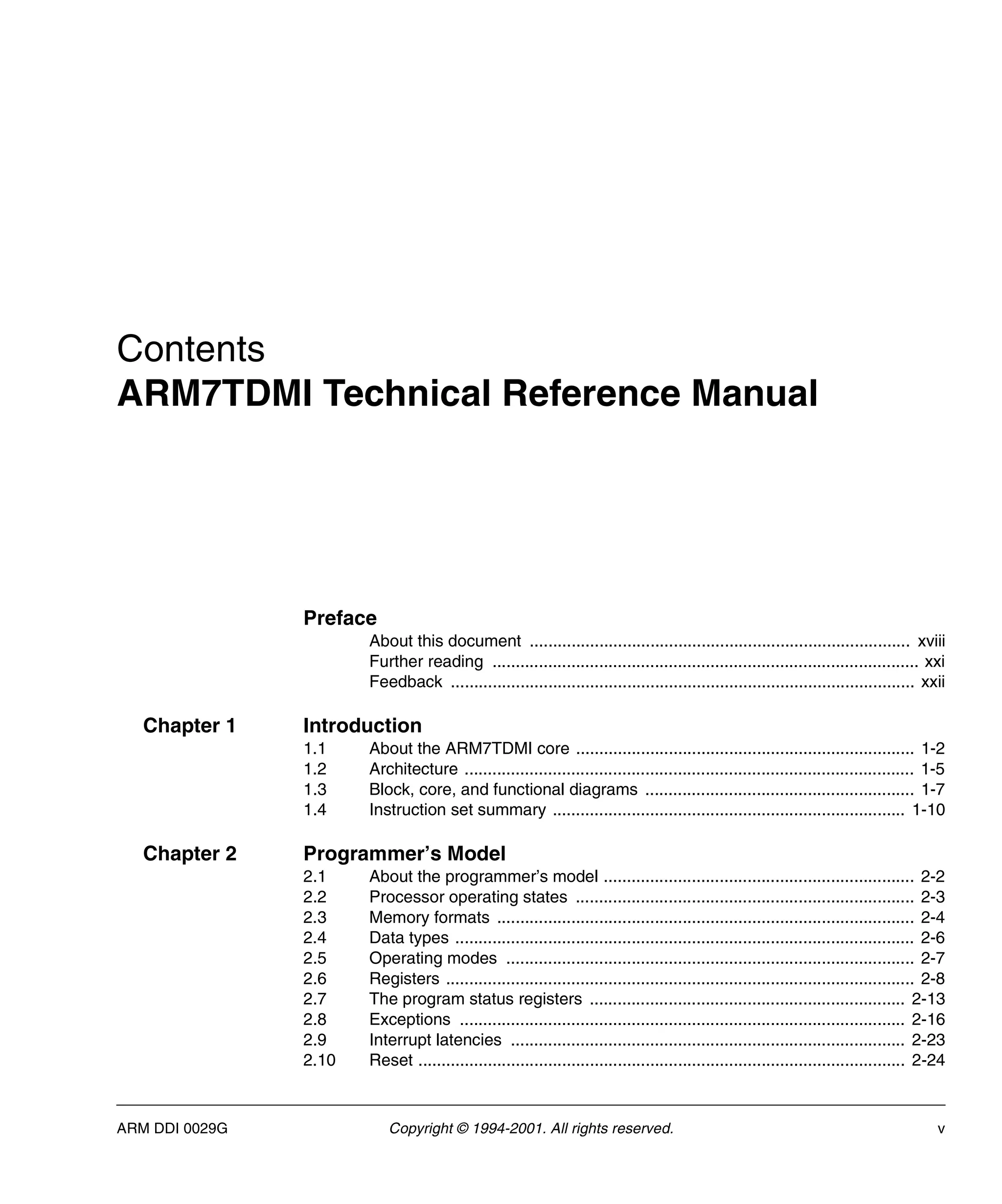ARM DDI 0029G Copyright © 1994-2001. All rights reserved. v
Contents
ARM7TDMI Technical Reference Manual
Preface
About this document .................................................................................. xviii
Further reading ............................................................................................ xxi
Feedback .................................................................................................... xxii
Chapter 1 Introduction
1.1 About the ARM7TDMI core ......................................................................... 1-2
1.2 Architecture ................................................................................................. 1-5
1.3 Block, core, and functional diagrams .......................................................... 1-7
1.4 Instruction set summary ............................................................................ 1-10
Chapter 2 Programmer’s Model
2.1 About the programmer’s model ................................................................... 2-2
2.2 Processor operating states ......................................................................... 2-3
2.3 Memory formats .......................................................................................... 2-4
2.4 Data types ................................................................................................... 2-6
2.5 Operating modes ........................................................................................ 2-7
2.6 Registers ..................................................................................................... 2-8
2.7 The program status registers .................................................................... 2-13
2.8 Exceptions ................................................................................................ 2-16
2.9 Interrupt latencies ..................................................................................... 2-23
2.10 Reset ......................................................................................................... 2-24
 