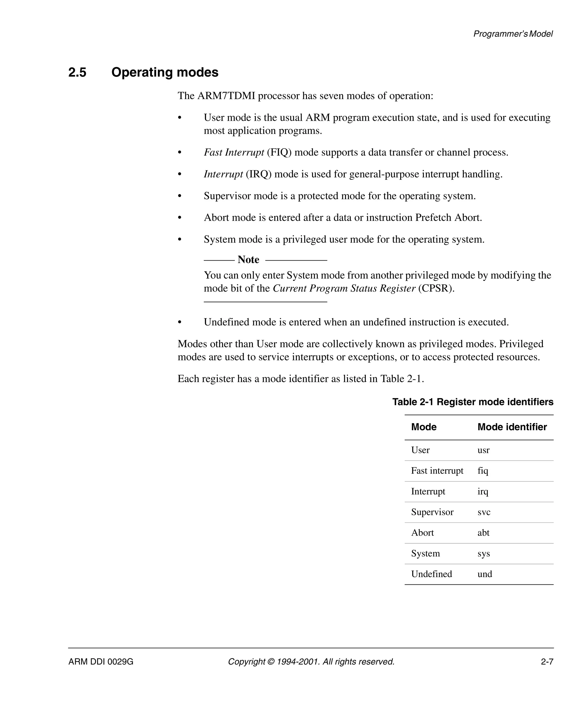 Programmer’sModel
ARM DDI 0029G Copyright © 1994-2001. All rights reserved. 2-7
2.5 Operating modes
The ARM7TDMI processor has seven modes of operation:
• User mode is the usual ARM program execution state, and is used for executing
most application programs.
• Fast Interrupt (FIQ) mode supports a data transfer or channel process.
• Interrupt (IRQ) mode is used for general-purpose interrupt handling.
• Supervisor mode is a protected mode for the operating system.
• Abort mode is entered after a data or instruction Prefetch Abort.
• System mode is a privileged user mode for the operating system.
Note
You can only enter System mode from another privileged mode by modifying the
mode bit of the Current Program Status Register (CPSR).
• Undefined mode is entered when an undefined instruction is executed.
Modes other than User mode are collectively known as privileged modes. Privileged
modes are used to service interrupts or exceptions, or to access protected resources.
Each register has a mode identifier as listed in Table 2-1.
Table 2-1 Register mode identifiers
Mode Mode identifier
User usr
Fast interrupt fiq
Interrupt irq
Supervisor svc
Abort abt
System sys
Undefined und
 