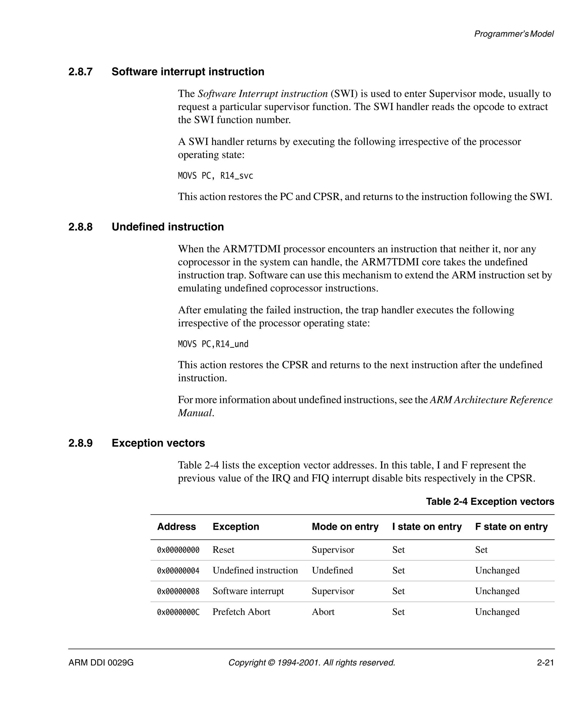 Programmer’sModel
ARM DDI 0029G Copyright © 1994-2001. All rights reserved. 2-21
2.8.7 Software interrupt instruction
The Software Interrupt instruction (SWI) is used to enter Supervisor mode, usually to
request a particular supervisor function. The SWI handler reads the opcode to extract
the SWI function number.
A SWI handler returns by executing the following irrespective of the processor
operating state:
MOVS PC, R14_svc
This action restores the PC and CPSR, and returns to the instruction following the SWI.
2.8.8 Undefined instruction
When the ARM7TDMI processor encounters an instruction that neither it, nor any
coprocessor in the system can handle, the ARM7TDMI core takes the undefined
instruction trap. Software can use this mechanism to extend the ARM instruction set by
emulating undefined coprocessor instructions.
After emulating the failed instruction, the trap handler executes the following
irrespective of the processor operating state:
MOVS PC,R14_und
This action restores the CPSR and returns to the next instruction after the undefined
instruction.
For more information about undefined instructions, see the ARM Architecture Reference
Manual.
2.8.9 Exception vectors
Table 2-4 lists the exception vector addresses. In this table, I and F represent the
previous value of the IRQ and FIQ interrupt disable bits respectively in the CPSR.
Table 2-4 Exception vectors
Address Exception Mode on entry I state on entry F state on entry
0x00000000 Reset Supervisor Set Set
0x00000004 Undefined instruction Undefined Set Unchanged
0x00000008 Software interrupt Supervisor Set Unchanged
0x0000000C Prefetch Abort Abort Set Unchanged
 