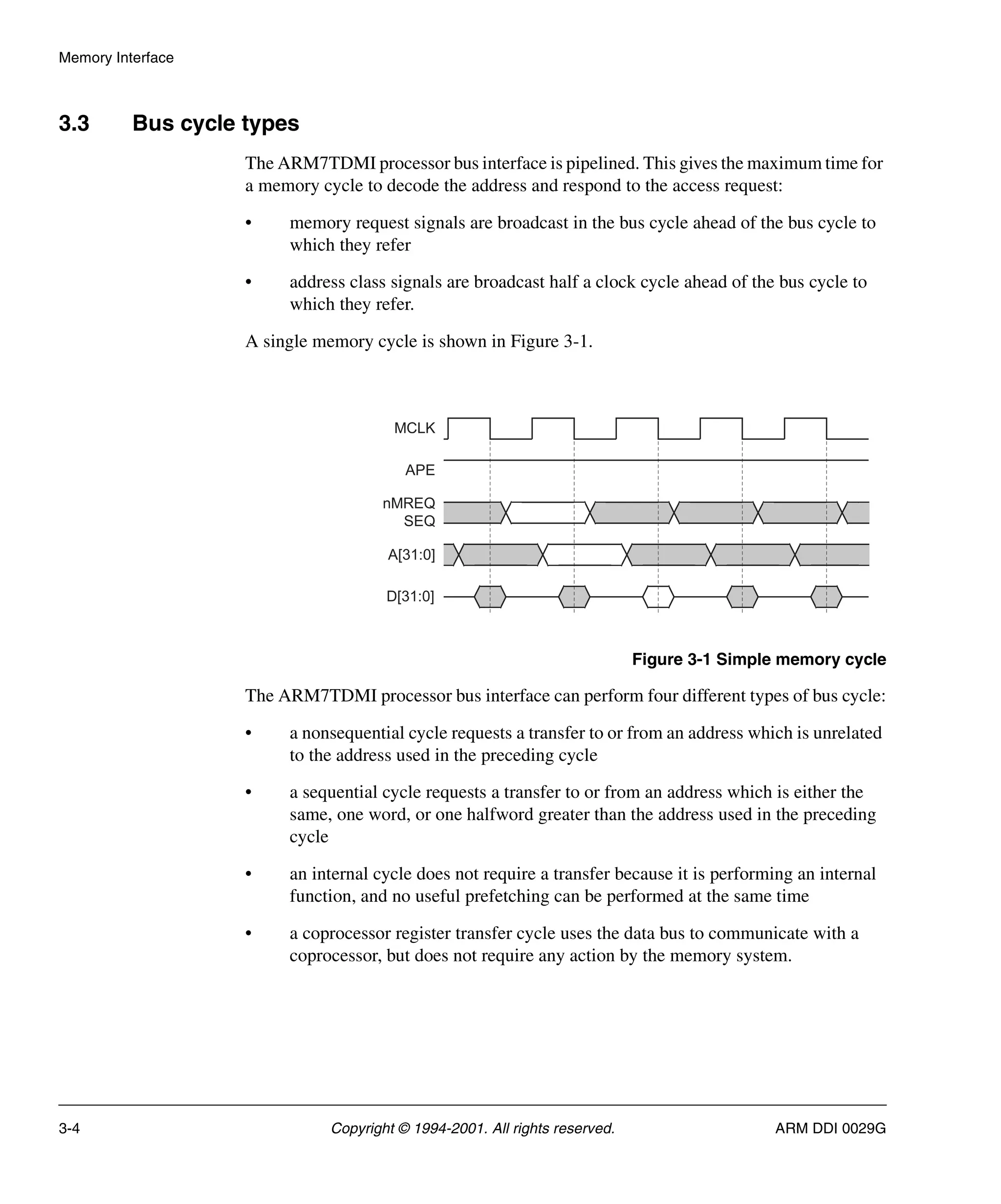 Memory Interface
3-4 Copyright © 1994-2001. All rights reserved. ARM DDI 0029G
3.3 Bus cycle types
The ARM7TDMI processor bus interface is pipelined. This gives the maximum time for
a memory cycle to decode the address and respond to the access request:
• memory request signals are broadcast in the bus cycle ahead of the bus cycle to
which they refer
• address class signals are broadcast half a clock cycle ahead of the bus cycle to
which they refer.
A single memory cycle is shown in Figure 3-1.
Figure 3-1 Simple memory cycle
The ARM7TDMI processor bus interface can perform four different types of bus cycle:
• a nonsequential cycle requests a transfer to or from an address which is unrelated
to the address used in the preceding cycle
• a sequential cycle requests a transfer to or from an address which is either the
same, one word, or one halfword greater than the address used in the preceding
cycle
• an internal cycle does not require a transfer because it is performing an internal
function, and no useful prefetching can be performed at the same time
• a coprocessor register transfer cycle uses the data bus to communicate with a
coprocessor, but does not require any action by the memory system.
MCLK
A[31:0]
D[31:0]
APE
nMREQ
SEQ
 