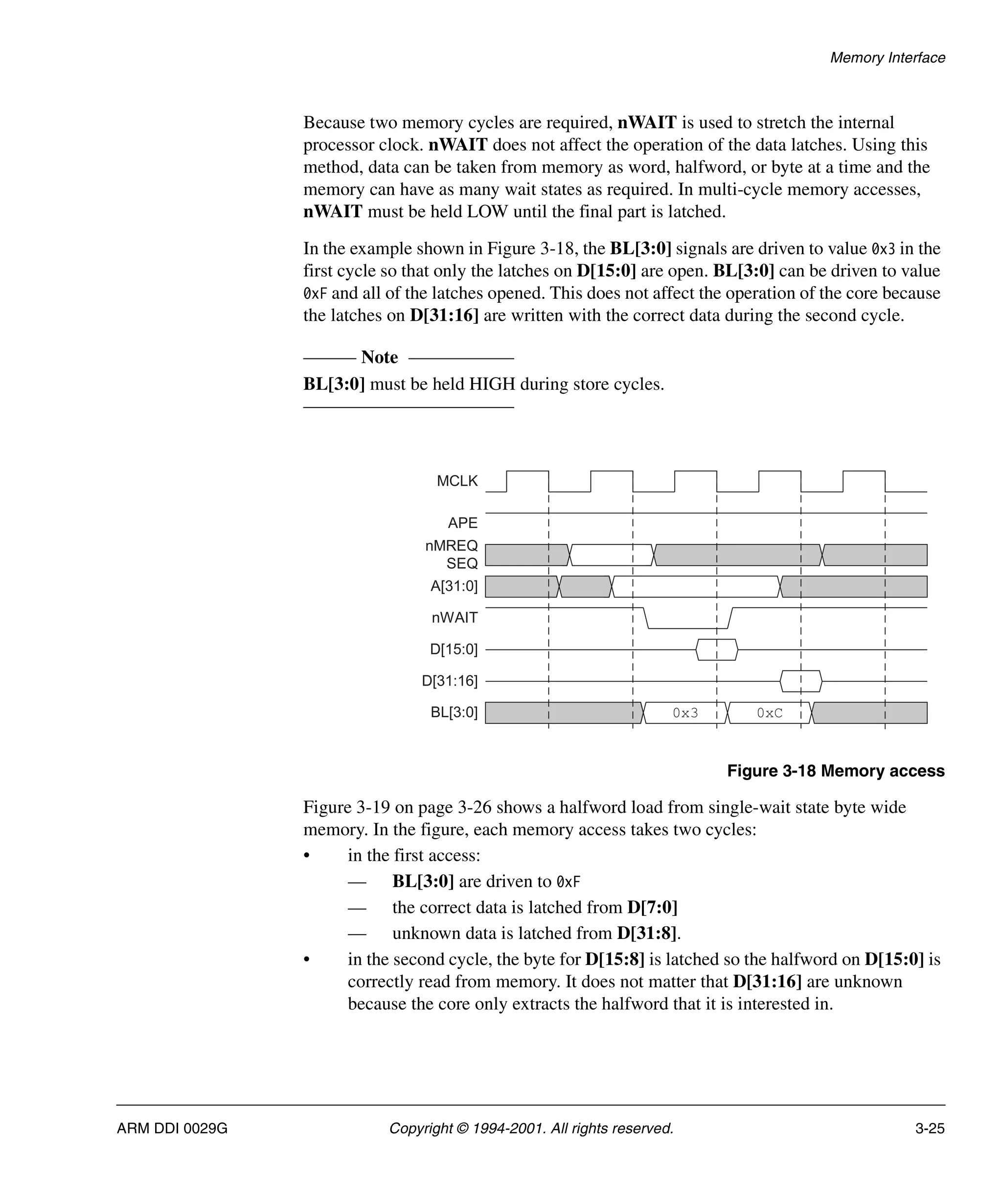 Memory Interface
ARM DDI 0029G Copyright © 1994-2001. All rights reserved. 3-25
Because two memory cycles are required, nWAIT is used to stretch the internal
processor clock. nWAIT does not affect the operation of the data latches. Using this
method, data can be taken from memory as word, halfword, or byte at a time and the
memory can have as many wait states as required. In multi-cycle memory accesses,
nWAIT must be held LOW until the final part is latched.
In the example shown in Figure 3-18, the BL[3:0] signals are driven to value 0x3 in the
first cycle so that only the latches on D[15:0] are open. BL[3:0] can be driven to value
0xF and all of the latches opened. This does not affect the operation of the core because
the latches on D[31:16] are written with the correct data during the second cycle.
Note
BL[3:0] must be held HIGH during store cycles.
Figure 3-18 Memory access
Figure 3-19 on page 3-26 shows a halfword load from single-wait state byte wide
memory. In the figure, each memory access takes two cycles:
• in the first access:
— BL[3:0] are driven to 0xF
— the correct data is latched from D[7:0]
— unknown data is latched from D[31:8].
• in the second cycle, the byte for D[15:8] is latched so the halfword on D[15:0] is
correctly read from memory. It does not matter that D[31:16] are unknown
because the core only extracts the halfword that it is interested in.
MCLK
APE
nMREQ
SEQ
A[31:0]
nWAIT
D[15:0]
D[31:16]
BL[3:0] 0x3 0xC
 
