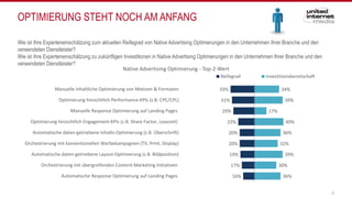 OPTIMIERUNG STEHT NOCH AM ANFANG
12
Wie ist Ihre Experteneinschätzung zum aktuellen Reifegrad von Native Advertising Optimierungen in den Unternehmen Ihrer Branche und den
verwendeten Dienstleister?
Wie ist Ihre Experteneinschätzung zu zukünftigen Investitionen in Native Advertising Optimierungen in den Unternehmen Ihrer Branche und den
verwendeten Dienstleister?
33%
31%
29%
22%
20%
20%
19%
17%
16%
34%
39%
17%
40%
36%
32%
39%
30%
36%
Manuelle inhaltliche Optimierung von Motiven & Formaten
Optimierung hinsichtlich Performance-KPIs (z.B. CPC/CPL)
Manuelle Response Optimierung auf Landing Pages
Optimierung hinsichtlich Engagement-KPIs (z.B. Share Factor, Lesezeit)
Automatische daten-getriebene Inhalts-Optimierung (z.B. Überschrift)
Orchestrierung mit konventionellen Werbekampagnen (TV, Print, Display)
Automatische daten-getriebene Layout-Optimierung (z.B. Bildposition)
Orchestrierung mit übergreifenden Content-Marketing Initiativen
Automatische Response Optimierung auf Landing Pages
Native Advertising Optimierung - Top-2-Wert
Reifegrad Investitionsbereitschaft
 