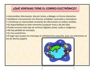 ¿QUÉ VENTAJAS TIENE EL CORREO ELECTRÓNICO?

Intercambiar información, discutir temas y dialogar en forma interactiva .
Establecer comunicación con diversas entidades nacionales y extranjeras.
 Constituye un intercambio constante de información en ambos sentidos.
Su disponibilidad en todo momento (cualquier hora y día del año).
Puede enviarse todo tipo de archivos digitales (texto, audio e imágenes).
No hay pérdida de mensajes.
Es muy económico.
El lugar que ocupan los mensajes es infinitamente pequeño, pues son electrones en
vez de átomos (papel).
 