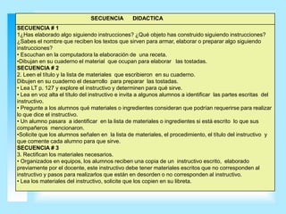 SECUENCIA         DIDACTICA
SECUENCIA # 1
1¿Has elaborado algo siguiendo instrucciones? ¿Qué objeto has construido siguiendo instrucciones?
¿Sabes el nombre que reciben los textos que sirven para armar, elaborar o preparar algo siguiendo
instrucciones?
• Escuchan en la computadora la elaboración de una receta.
•Dibujan en su cuaderno el material que ocupan para elaborar las tostadas.
SECUENCIA # 2
2. Leen el título y la lista de materiales que escribieron en su cuaderno.
Dibujen en su cuaderno el desarrollo para preparar las tostadas.
• Lea LT p. 127 y explore el instructivo y determinen para qué sirve.
• Lea en voz alta el título del instructivo e invita a algunos alumnos a identificar las partes escritas del
instructivo.
• Pregunte a los alumnos qué materiales o ingredientes consideran que podrían requerirse para realizar
lo que dice el instructivo.
• Un alumno pasara a identificar en la lista de materiales o ingredientes si está escrito lo que sus
compañeros mencionaron.
•Solicite que los alumnos señalen en la lista de materiales, el procedimiento, el título del instructivo y
que comente cada alumno para que sirve.
SECUENCIA # 3
3. Rectifican los materiales necesarios.
• Organizados en equipos, los alumnos reciben una copia de un instructivo escrito, elaborado
previamente por el docente, este instructivo debe tener materiales escritos que no corresponden al
instructivo y pasos para realizarlos que están en desorden o no corresponden al instructivo.
• Lea los materiales del instructivo, solicite que los copien en su libreta.
 