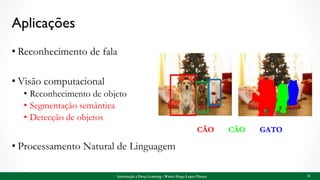 Aplicações
• Reconhecimento de fala
• Visão computacional
• Reconhecimento de objeto
• Segmentação semântica
• Detecção de objetos
• Processamento Natural de Linguagem
31Introdução à Deep Learning - Walter Hugo Lopez Pinaya
CÃO CÃO GATO
 