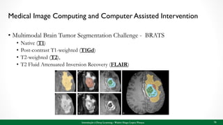 Medical Image Computing and Computer Assisted Intervention
• Multimodal Brain Tumor Segmentation Challenge - BRATS
• Native (T1)
• Post-contrast T1-weighted (T1Gd)
• T2-weighted (T2),
• T2 Fluid Attenuated Inversion Recovery (FLAIR)
Introdução à Deep Learning - Walter Hugo Lopez Pinaya 70
 