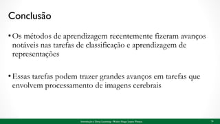 Conclusão
•Os métodos de aprendizagem recentemente fizeram avanços
notáveis nas tarefas de classificação e aprendizagem de
representações
•Essas tarefas podem trazer grandes avanços em tarefas que
envolvem processamento de imagens cerebrais
74Introdução à Deep Learning - Walter Hugo Lopez Pinaya
 