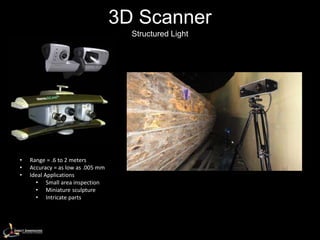 3D Scanner
                                     Structured Light




•   Range = .6 to 2 meters
•   Accuracy = as low as .005 mm
•   Ideal Applications
      • Small area inspection
      • Miniature sculpture
      • Intricate parts
 