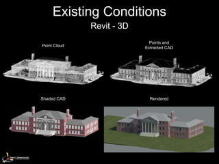 Existing Conditions
              Revit - 3D
                             Points and
Point Cloud
                           Extracted CAD




Shaded CAD                   Rendered
 