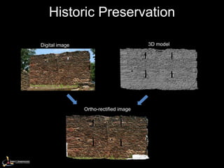 Historic Preservation

Digital image                           3D model




                Ortho-rectified image
 
