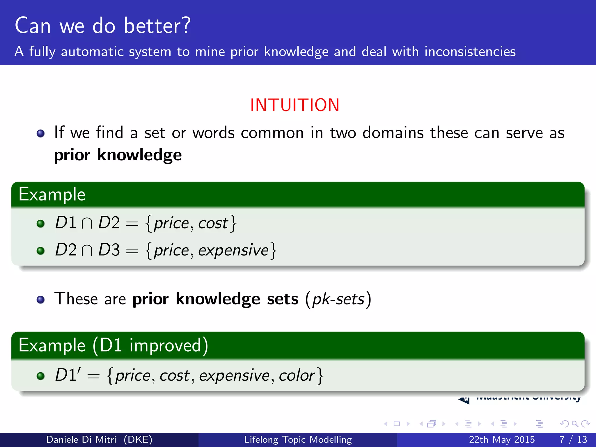Can we do better?
A fully automatic system to mine prior knowledge and deal with inconsistencies
INTUITION
If we ﬁnd a set or words common in two domains these can serve as
prior knowledge
Example
D1 ∩ D2 = {price, cost}
D2 ∩ D3 = {price, expensive}
These are prior knowledge sets (pk-sets)
Example (D1 improved)
D1 = {price, cost, expensive, color}
Daniele Di Mitri (DKE) Lifelong Topic Modelling 22th May 2015 7 / 13
 