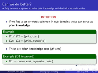 Can we do better?
A fully automatic system to mine prior knowledge and deal with inconsistencies
INTUITION
If we ﬁnd a set or words common in two domains these can serve as
prior knowledge
Example
D1 ∩ D2 = {price, cost}
D2 ∩ D3 = {price, expensive}
These are prior knowledge sets (pk-sets)
Example (D1 improved)
D1 = {price, cost, expensive, color}
Daniele Di Mitri (DKE) Lifelong Topic Modelling 22th May 2015 7 / 13
 