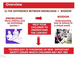 KNOWLEDGE   Many children pick up technology quicker !   HELP YOUR CHILDREN TO UNDERSTAND THE CONTEXT   TECHNOLOGY IS THROWING UP NEW  IMPORTANT SAFETY ISSUES WHICH CHILDREN MAY NOT SEE WISDOM Understanding how to behave in a virtual world   3) THE DIFFERENCE BETWEEN KNOWLEDGE +  WISDOM   Overview  