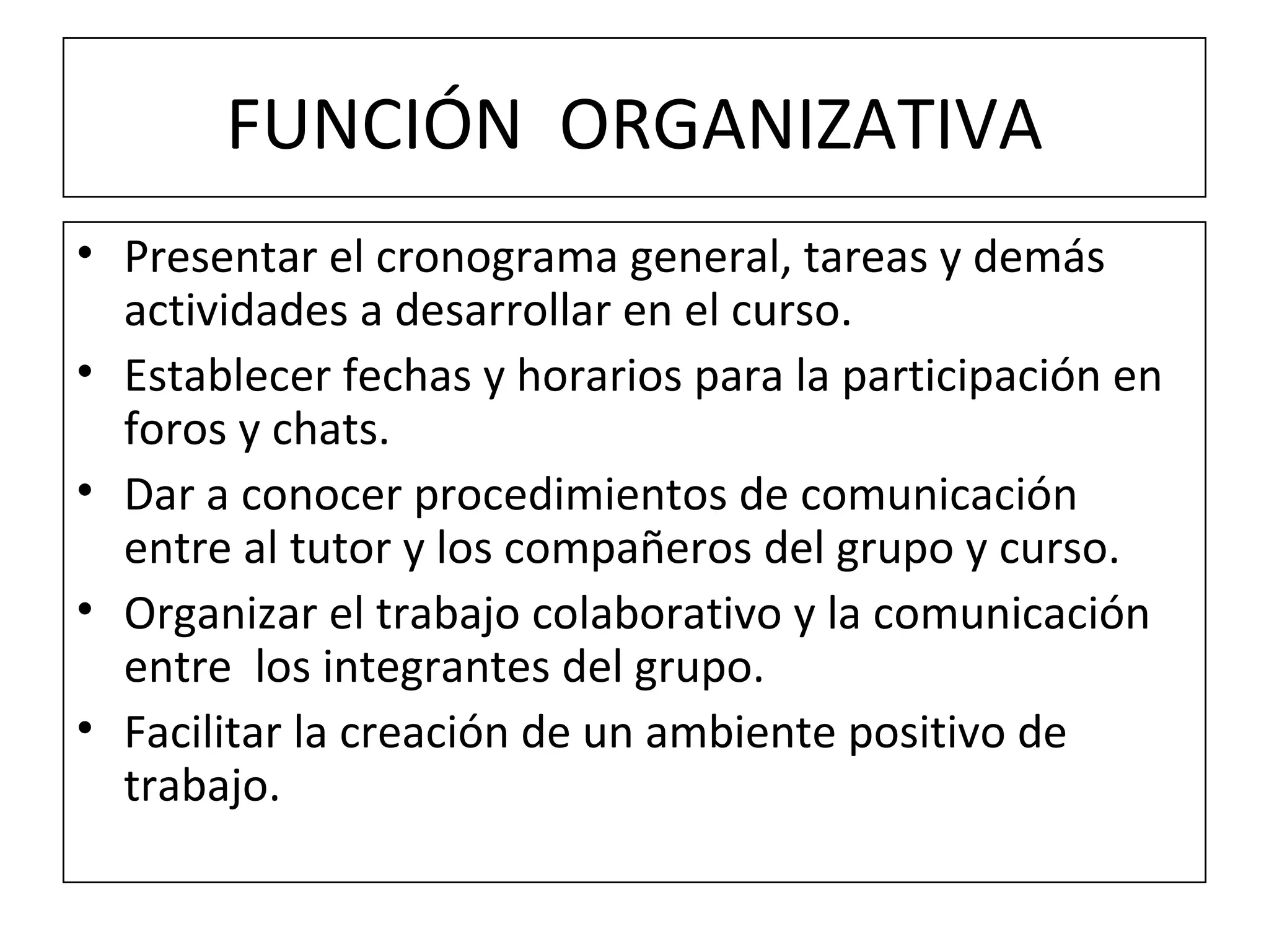 FUNCIÓN  ORGANIZATIVA Presentar el cronograma general, tareas y demás actividades a desarrollar en el curso. Establecer fechas y horarios para la participación en foros y chats. Dar a conocer procedimientos de comunicación entre al tutor y los compañeros del grupo y curso. Organizar el trabajo colaborativo y la comunicación entre  los integrantes del grupo. Facilitar la creación de un ambiente positivo de trabajo. 