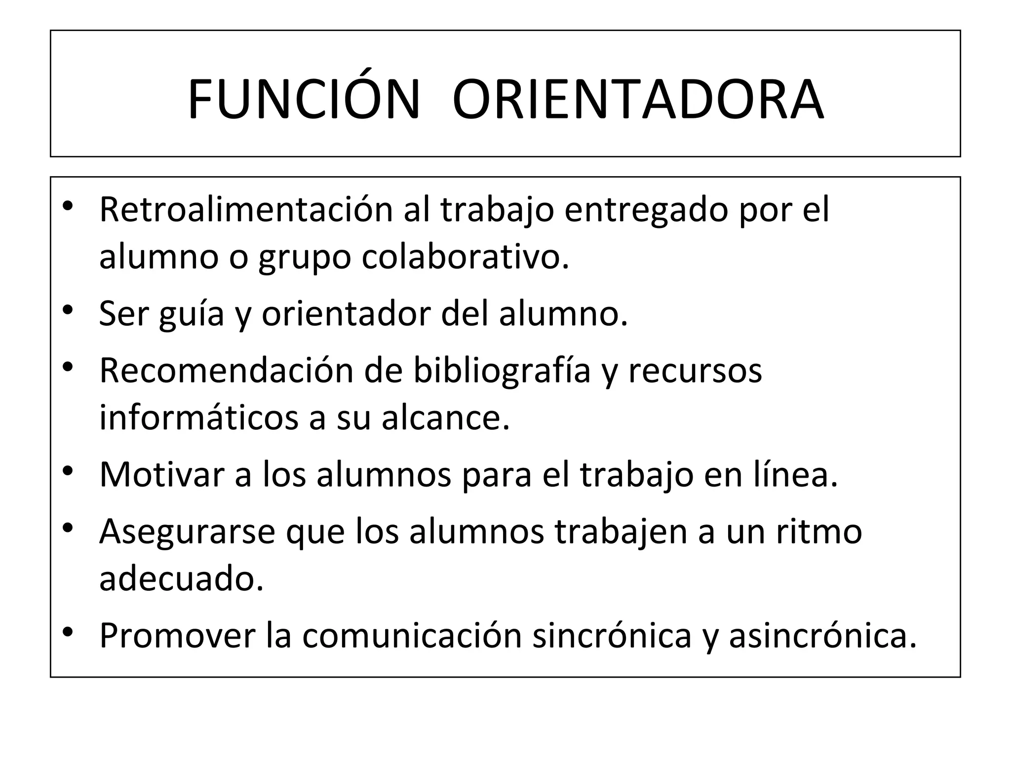 FUNCIÓN  ORIENTADORA Retroalimentación al trabajo entregado por el alumno o grupo colaborativo. Ser guía y orientador del alumno. Recomendación de bibliografía y recursos informáticos a su alcance. Motivar a los alumnos para el trabajo en línea. Asegurarse que los alumnos trabajen a un ritmo adecuado. Promover la comunicación sincrónica y asincrónica. 
