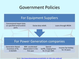 Government PoliciesSource : http://www.indianwindpower.com/pdf/GWEO_A4_2008_India_LowRes.pdf