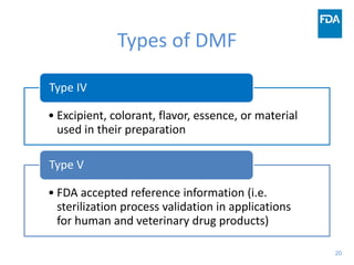 20
Types of DMF
• Excipient, colorant, flavor, essence, or material
used in their preparation
Type IV
• FDA accepted reference information (i.e.
sterilization process validation in applications
for human and veterinary drug products)
Type V
 