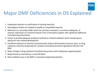 23
Major DMF Deficiencies in DS Explained
1. Inadequate selection or justification of starting materials.
2. Toxicological studies are needed to qualify an unqualified impurity.
3. Reference to a secondary DMF which has not been reviewed, is currently inadequate, or
requires submission of a technical dossier from a third party supplier with significant additional
manufacturing information.
4. Failure to provide adequate analytical methods or method validation which would require
significant new method development.
5. Insufficient physical or chemical characterization data to demonstrate structure, form, or drug
substance sameness (especially for complex active pharmaceutical ingredients (APIs)) in the
DMF.
6. Major change in drug substance manufacturing process with inadequate supporting data.
7. Requirement to manufacture a new API batch.
8. Data reliability issue in the DMF or manufacturing/testing facilities.
www.fda.gov
 