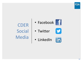 39
CDER
Social
Media
• Facebook
• Twitter
• LinkedIn
 