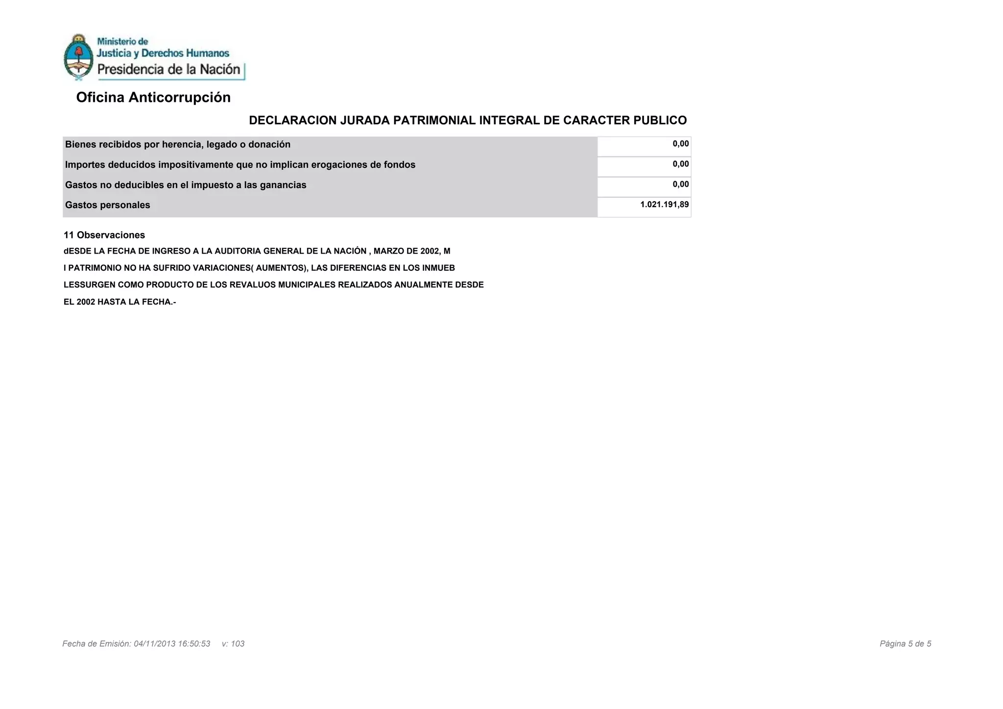 11 Observaciones
dESDE LA FECHA DE INGRESO A LA AUDITORIA GENERAL DE LA NACIÓN , MARZO DE 2002, M
I PATRIMONIO NO HA SUFRIDO VARIACIONES( AUMENTOS), LAS DIFERENCIAS EN LOS INMUEB
LESSURGEN COMO PRODUCTO DE LOS REVALUOS MUNICIPALES REALIZADOS ANUALMENTE DESDE
EL 2002 HASTA LA FECHA.-
Bienes recibidos por herencia, legado o donación 0,00
Importes deducidos impositivamente que no implican erogaciones de fondos 0,00
Gastos no deducibles en el impuesto a las ganancias 0,00
Gastos personales 1.021.191,89
Página 5 de 5Fecha de Emisión: 04/11/2013 16:50:53 v: 103
Oficina Anticorrupción
DECLARACION JURADA PATRIMONIAL INTEGRAL DE CARACTER PUBLICO
 