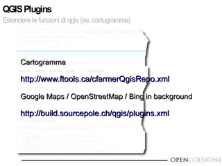 QGIS Plugins
Estendere le funzioni di qgis (es. cartogramma)




      Cartogramma

      http://www.ftools.ca/cfarmerQgis...