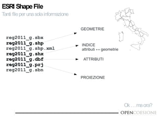 ESRI Shape File
Tanti file per una sola informazione

                                       GEOMETRIE

  reg2011_g.sbx
  ...