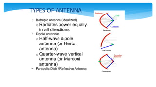 TYPES OF ANTENNA
• Isotropic antenna (idealized)
o Radiates power equally
in all directions
• Dipole antennas
o Half-wave dipole
antenna (or Hertz
antenna)
o Quarter-wave vertical
antenna (or Marconi
antenna)
• Parabolic Dish / Reflective Antenna
 