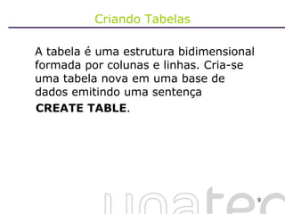 Criando Tabelas A tabela é uma estrutura bidimensional formada por colunas e linhas. Cria-se uma tabela nova em uma base de dados emitindo uma sentença  CREATE TABLE .  