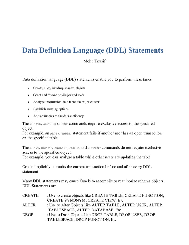 Data Definition Language (DDL) | PDF | Databases | Computer Software ...