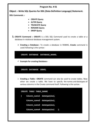 SQL Queries - DDL Commands | PDF image.