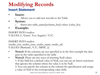Sanjay Goel, School of Business, University at Albany, SUNY 21
Modifying Records
Insert Statement
• Insert:
– Allows you to add new records to the Table
• Syntax:
– Insert into table_name[(column_list)] values (value_list)
• Example:
INSERT INTO studios
VALUES (1, ‘Giant’, ‘Los Angeles’, ‘CA’)
INSERT INTO studios
(studio_city, studio_state, studio_name, studio_id)
VALUES (‘Burbank’, ‘CA’, ‘MPM’, 2)
• Notes1: If the columns are not specified as in the first example the data
goes in the order specified in the table
• Notes2: There are two ways of inserting Null values
1. If the field has a default value of Null, you can use an Insert statement
that ignores the column where the value is to be Null.
2. You can specify the column in the column list specification and assign
a value of Null to the corresponding value field.
 