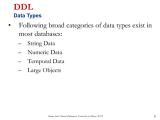 Sanjay Goel, School of Business, University at Albany, SUNY 6
DDL
Data Types
• Following broad categories of data types exist in
most databases:
– String Data
– Numeric Data
– Temporal Data
– Large Objects
 