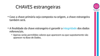 CHAVES estrangeiras
• Caso a chave primária seja composta na origem, a chave estrangeira
também será.
• A finalidade da chave estrangeira é garantir a integridade dos dados
referenciais.
• Apenas serão permitidos valores que aparecem ou que supostamente vão
aparecer na Base de Dados.
 